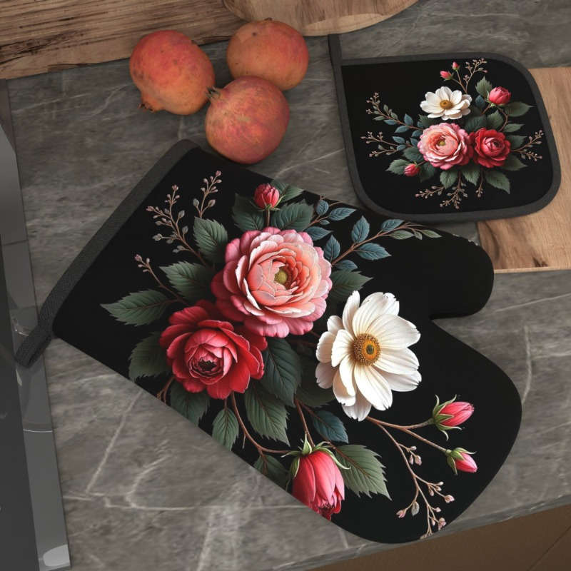 2pcs Floral Heat-Resistant Oven Mitts Potholders Spring Flowers Leaves Design 26.92x17.0