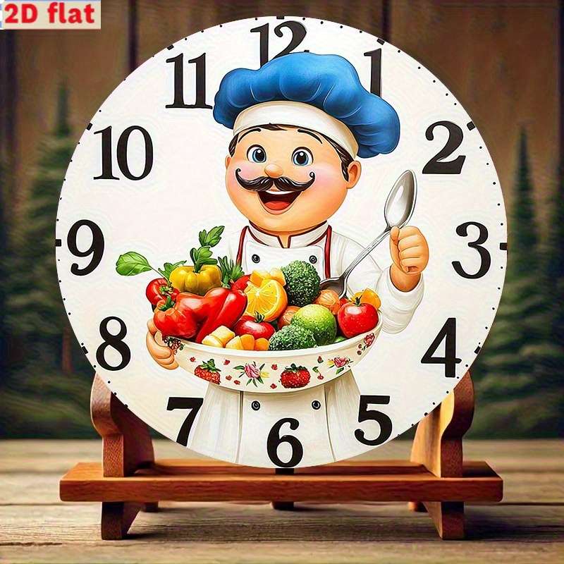 1pc Vintage Kitchen Wall Clock Cartoon Chef and Vegetable Design High-Definition Not real clock