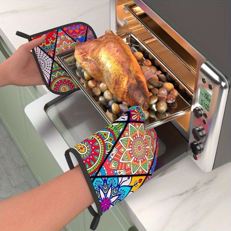2pcs Colorful Mandala Heat-Resistant Oven Mitts Pot Holders 26.92x17.02 cm Vibrant Geometr