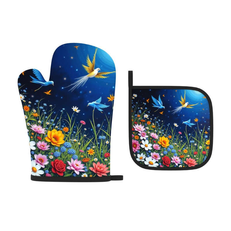 2pcs Set Colorful Floral Bird Design Polyester Oven Mitts and Potholders Heat Resistant Mac