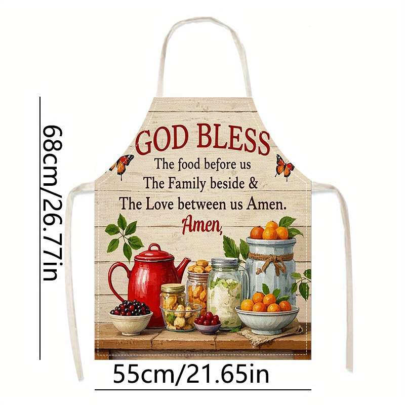 1pc Linen Kitchen Apron with Vintage Food Print "God Bless Our Family" Design Easy-Clean Co