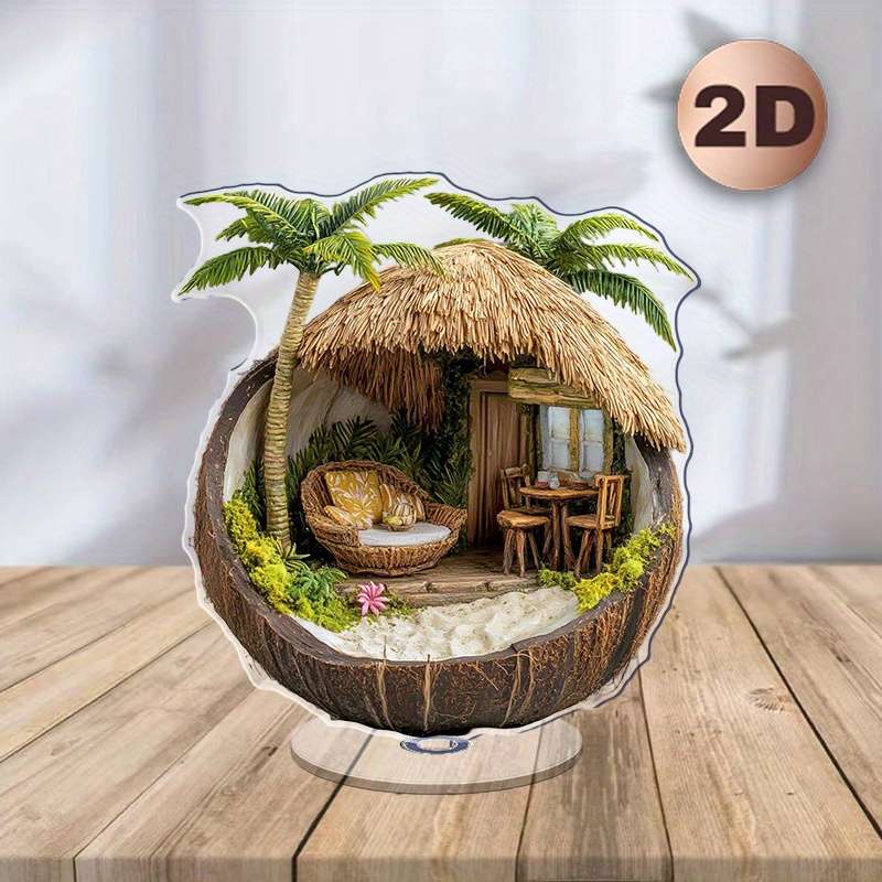 1pc 2D Flat  Tropical Hut in a Coconut Shell Acrylic Desk Decor with Stand  Design Featuring Pa