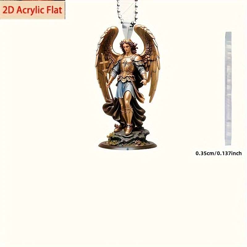 1pc 2D Flat  Acrylic Archangel Michael Pendant Detailed Angel Statue with Blue Tassel Christian R