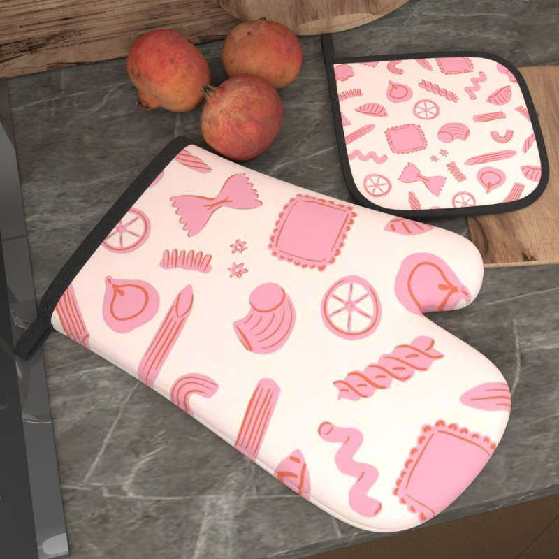 2-Pack Pink Pattern Polyester Oven Mitts 26.92x17.02 cm Heat Resistant Kitchen Potholders Ma