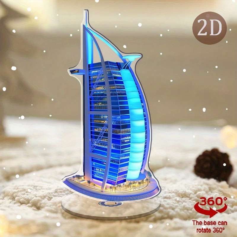 1pc 2D Flat    Acrylic Burj Al Arab Figurine with Rotating Base Modern Home Office Desktop