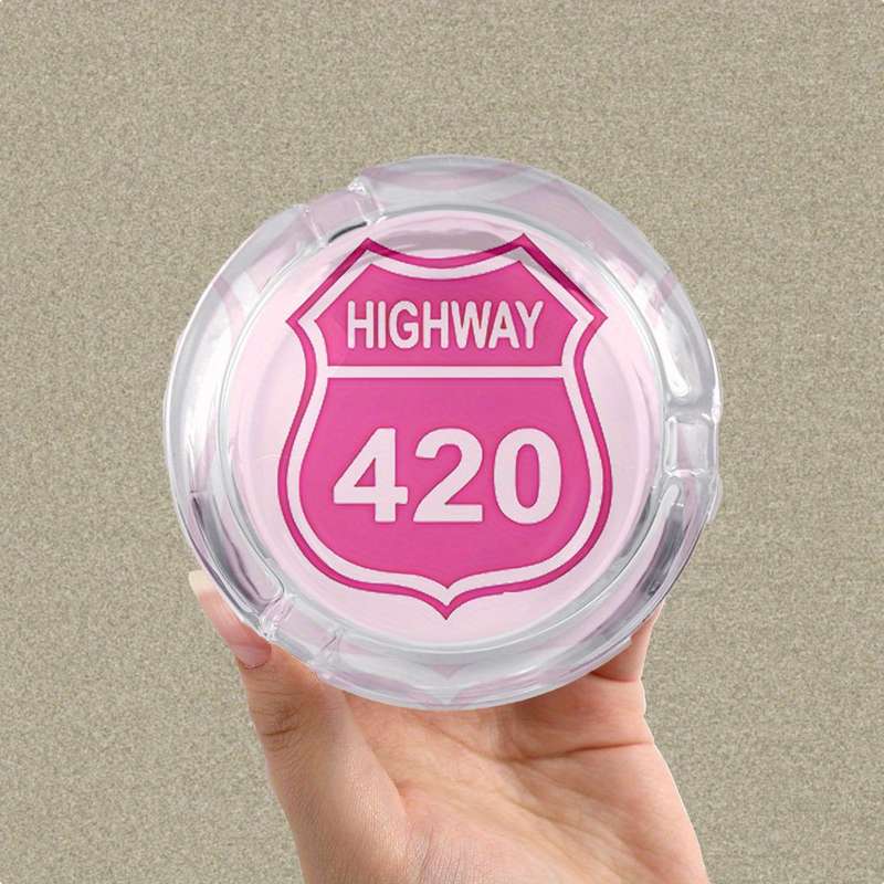 1pc Round Clear Glass Ashtray with Anti-Slip Base "Highway 10.67meter Pink Sign Design Modern De