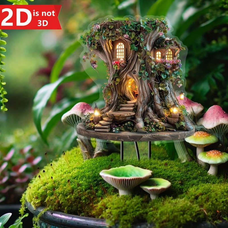 1pc 2D Flat   Magic Bohemian Fairy Tree House Garden Stake  Acrylic Decor with Glowing Wind