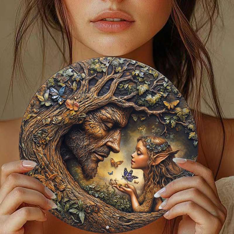 1pc 2D Flat 20.32x20.32cm Round Wooden Wall Art Vintage Tree and Flower Fairy Sign