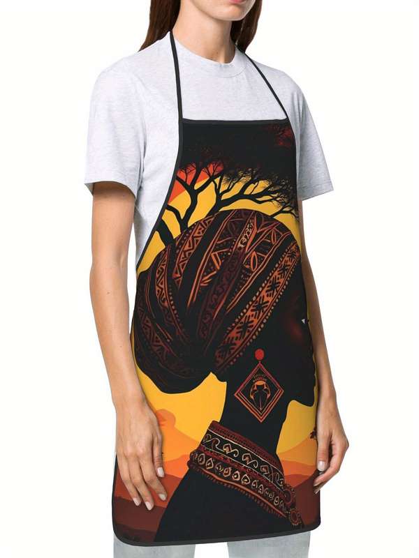 1pc Vibrant African Print Kitchen Apron Stylish Black Woman Design with Tribal Patterns Durable