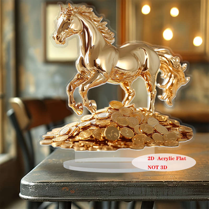 1pc 2D Flat   Elegant Bohemian Style Golden Acrylic Horse Statue with Money Stand 19.99 cm Tal