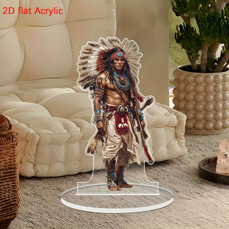 1pc 2D Flat   Acrylic Native American Warrior Desktop Decor with Stand Traditional Headdress