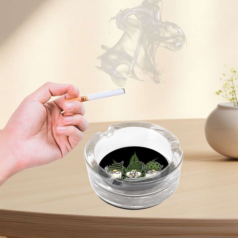1pc Round Clear Glass Ashtray Black Background with Tri-color Geometric Plant Design Modern Desk