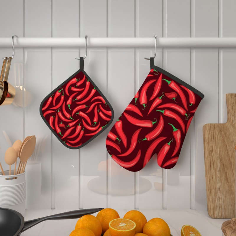 2pcs Red Chili Pepper Oven Mitts Woven Polyester Potholders Heat-Resistant up to 500F Machi