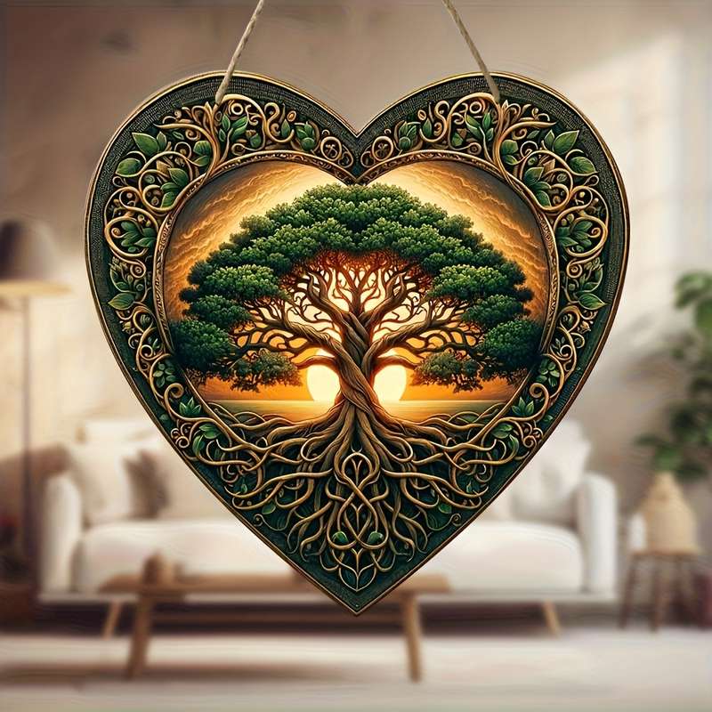 1pc 2D Flat  Acrylic Tree of Life Wooden Hanging Sign-Heart-Shaped Garland Door