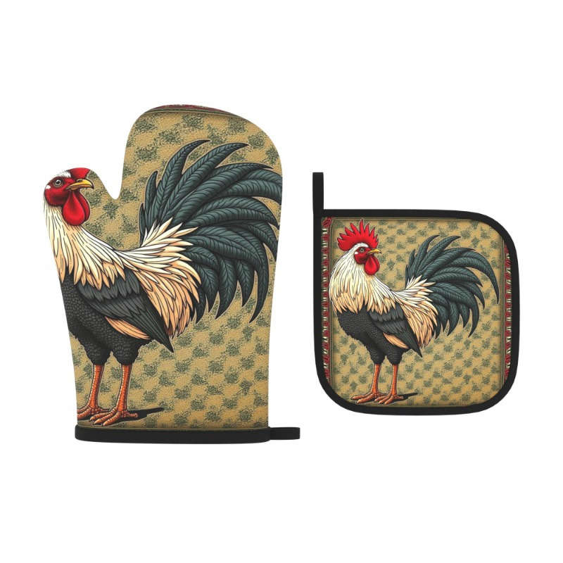 2pcs 26.92x17.02 cm Heat-Resistant Oven Mitts and Pot Holders Vibrant Rooster Design Durable