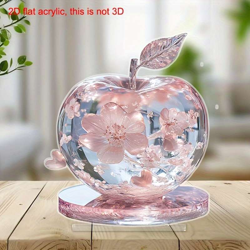 1pc 2D Flat  Acrylic Apple Decor with Pink Flowers Crystal Tabletop Ornament for Bedroom Living R