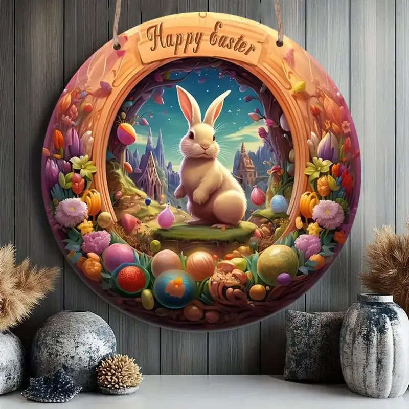 1pc Happy Easter Floral Round Wooden Sign Perfect for Outdoor Home Office Bar Kitchen Decor Gift for