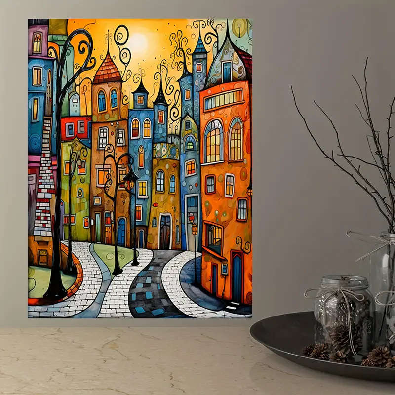 1pc Vibrant Frameless Canvas Art Print Whimsical Street Scene with Colorful Buildings Ideal for Fest
