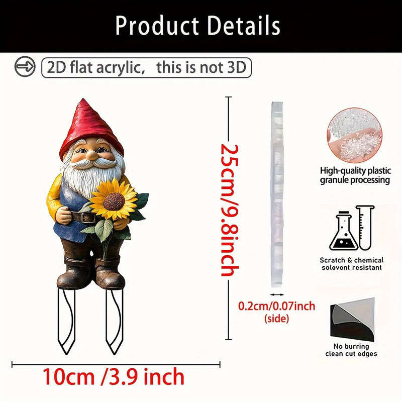 1pc 2D Flat   Charming Sunflower Garden Gnome  Acrylic Yard Stake Bonsai Decor Whimsical