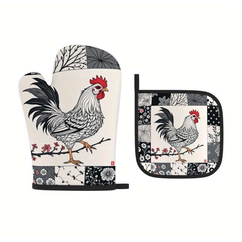 2pcs Rooster Plum Blossom Heat-Resistant Oven Mitts Floral Chinese Design 26.92x17.02 cm