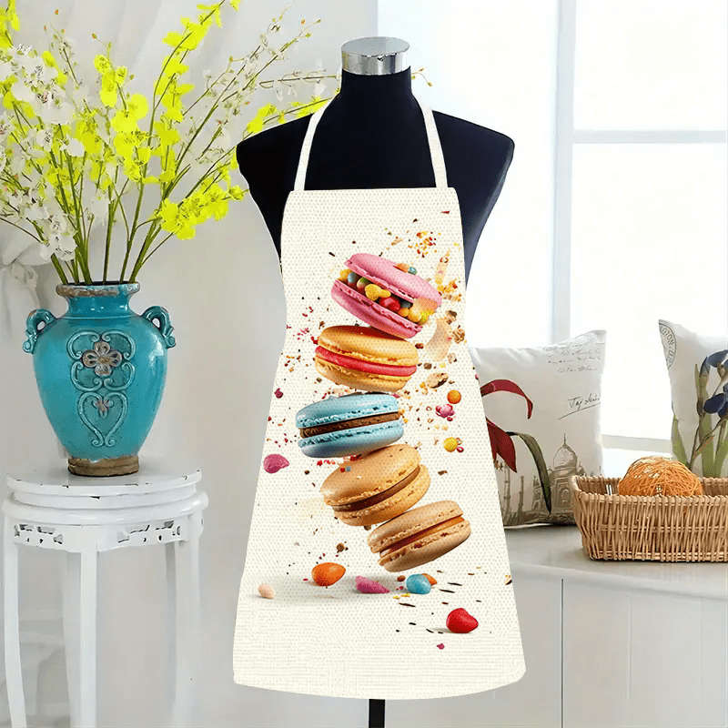 1pc Chic Linen Apron Large Size Cute Macaron Dessert Print Sleeveless Durable Kitchen Wear for