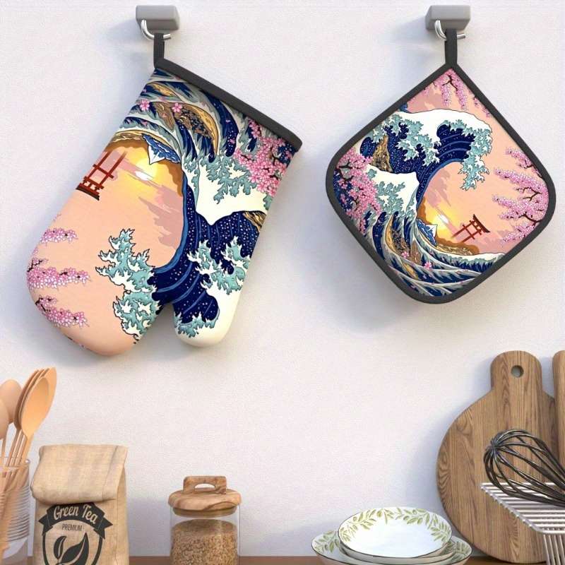 2pcs Set Cherry Blossom Oven Mitts Pot Holders 26.92x17.02cm Heat Resistant Non-Slip Kitch