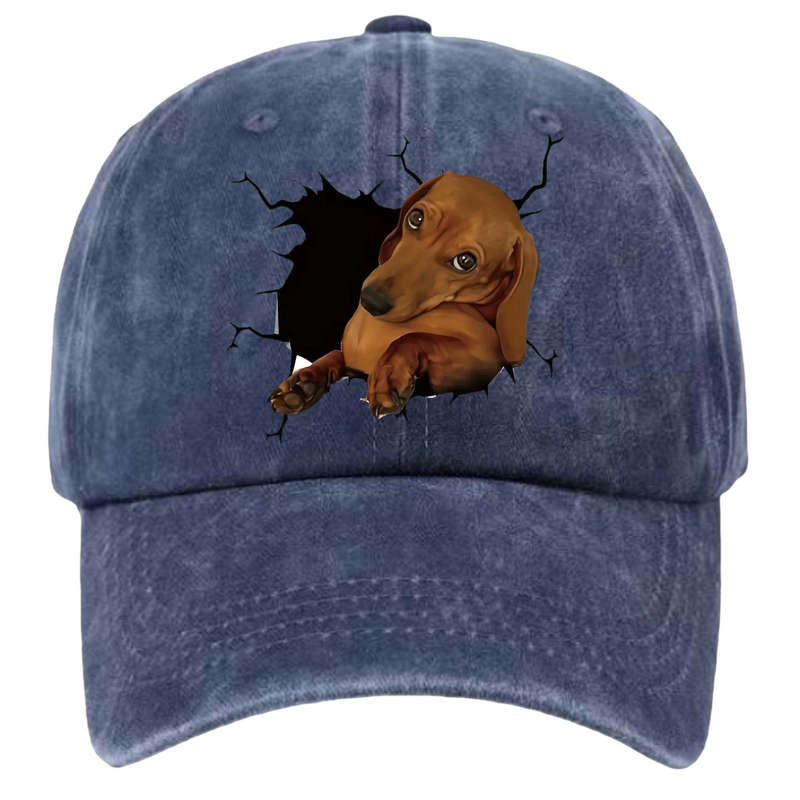 1pc Cotton Baseball Cap with 3D Dachshund Dog Print Unisex Distressed Vintage Washed Adjustable C