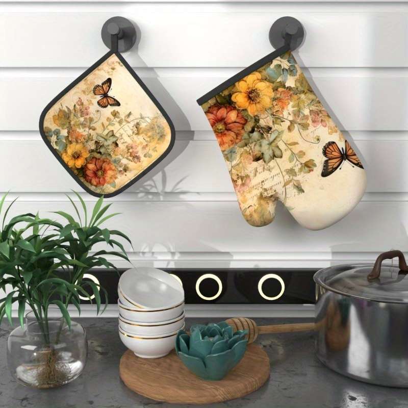 2pcs Vintage Floral Butterfly Heat-Resistant Oven Mitts 26.92x17.02 cm Polyester Kitchen Gl