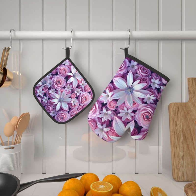 2pcs 26.92x17.02 cm Heat Resistant Oven Mitts and Potholders Beautiful Purple Flowers Oven Mitt