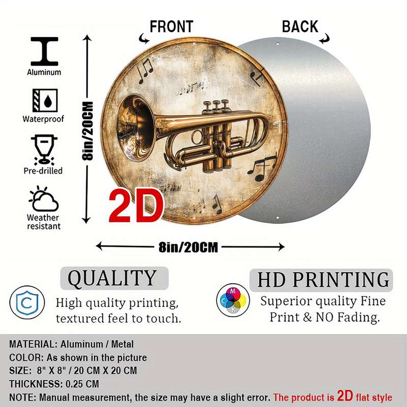 1pc  Trumpet Art Decoration 20.32x20.32 cm Round Aluminum Wall Art with Musical Notes Trumpe