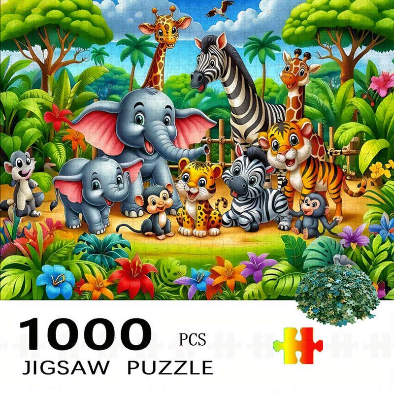 1000pcs Jigsaw Puzzle Jungle Scene with Giraffes Elephants Zebras Vibrant Mixe