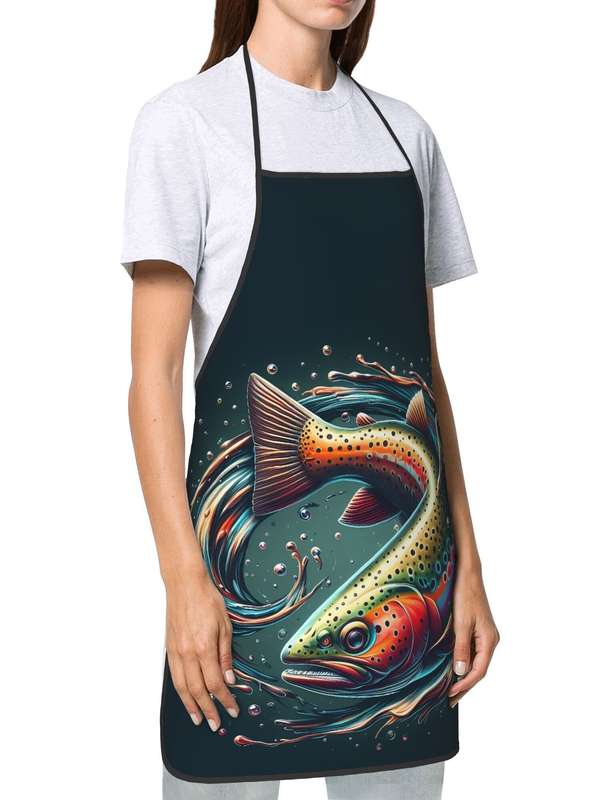 1pc BIIHUDU Vintage Bass Fish Print Apron Colorful Retro Design Durable Polyester Fabric Adjust