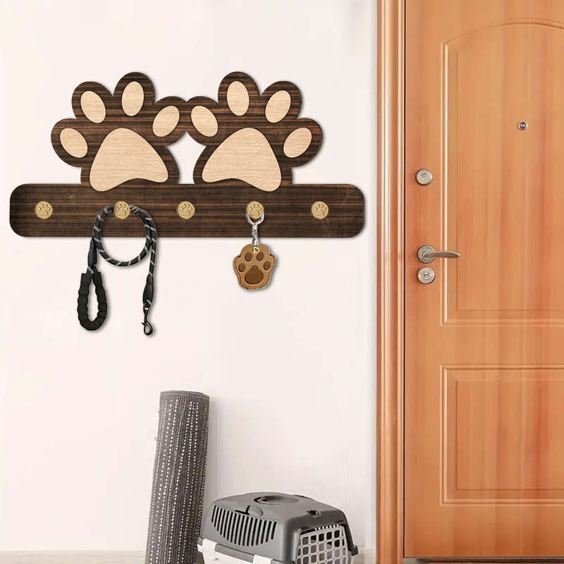1pc Farmhouse Wooden Dog Paw Key Holder Wall MountRustic Dark Brown Organizer with 5 Unique Paw H