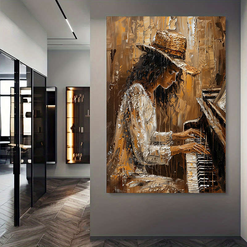 1pc 23.62x35.43in 60cmx90cm Frameless Modern Abstract Women Playing Piano Wall Art Canvas Paint