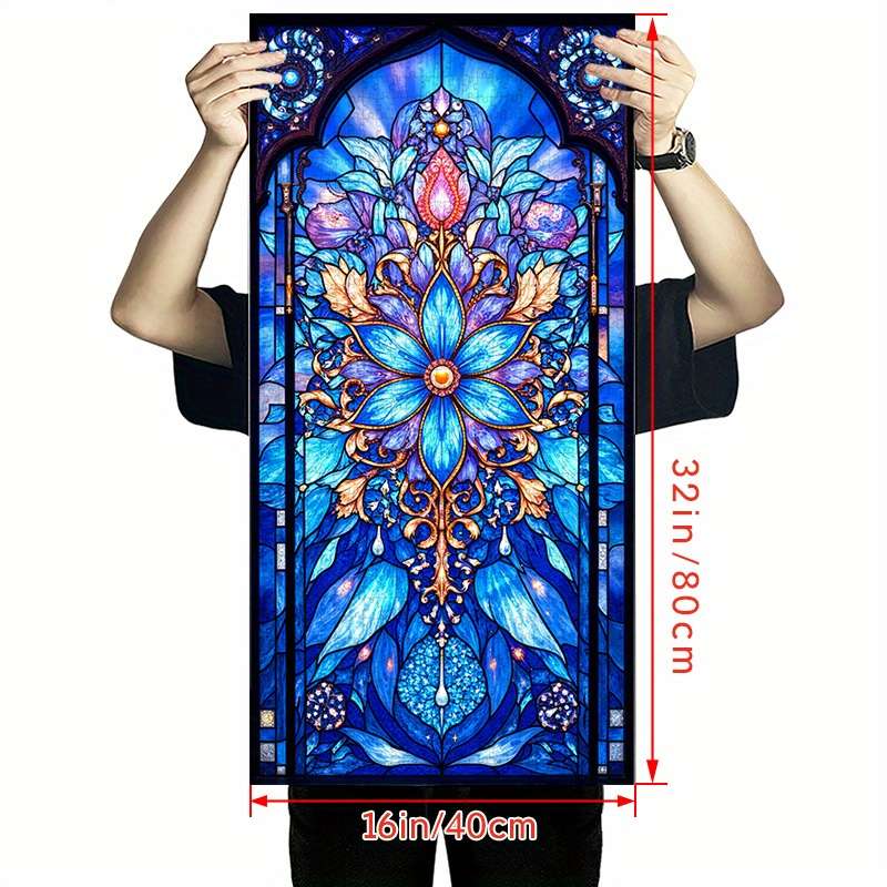 1000pcs Jigsaw Puzzle Vibrant Blue Floral Stained Glass Door Design 20.32x10.16 cm