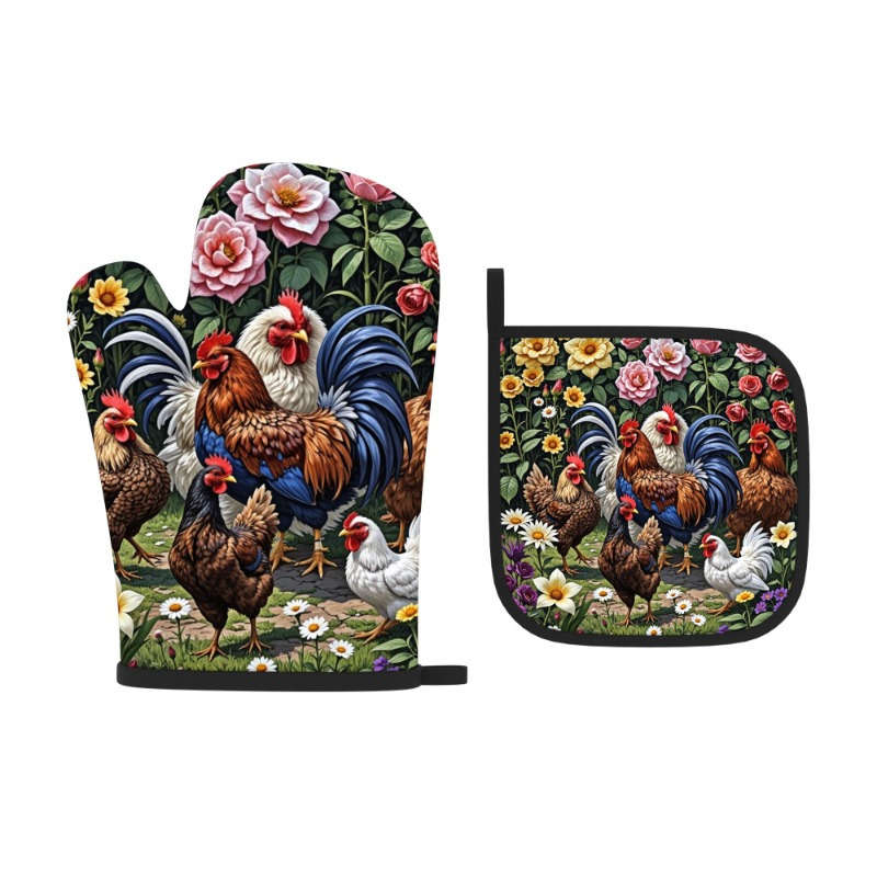 2pcs 26.92x17.02 cm Oven Mitts And Potholders There are two roosters and three hens in the gard