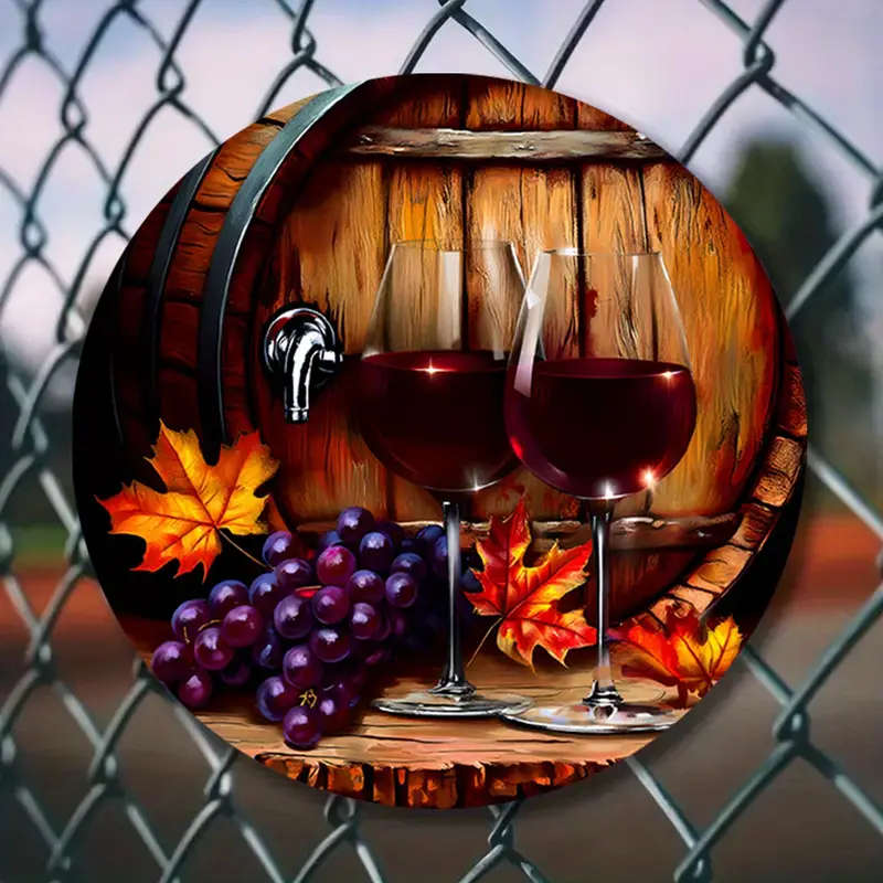 1pc Grapes and Red Wine Theme Decorative Painting Theme Round Aluminum Sign Wall Art Diameter 18.46c