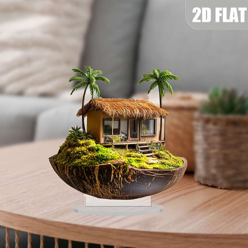 1pc 2D Flat  Bohemian Tropical Island Acrylic Decor Statue  Palm Tree Thatched Roof Design S