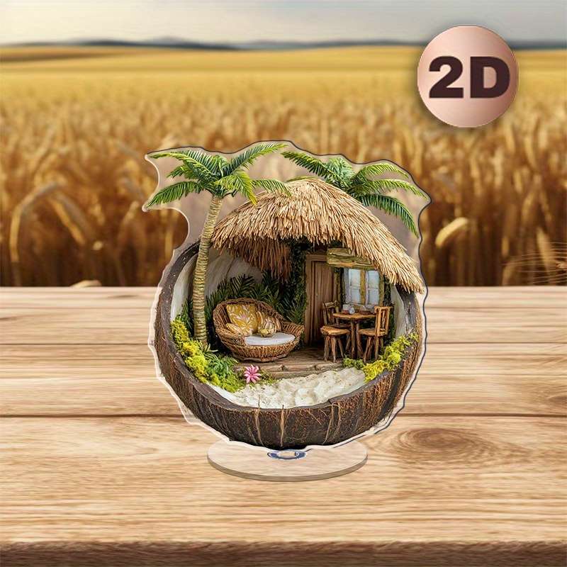 1pc 2D Flat  Tropical Hut in a Coconut Shell Acrylic Desk Decor with Stand  Design Featuring Pa