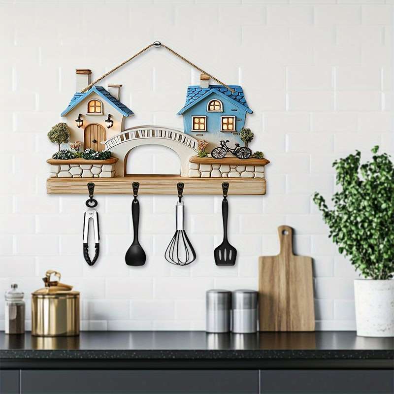 1pc Bridge Cottage- Household Wooden Key Rack( 29.97cm x 22.86cm) Comes with Four Metal Hooks- Mul