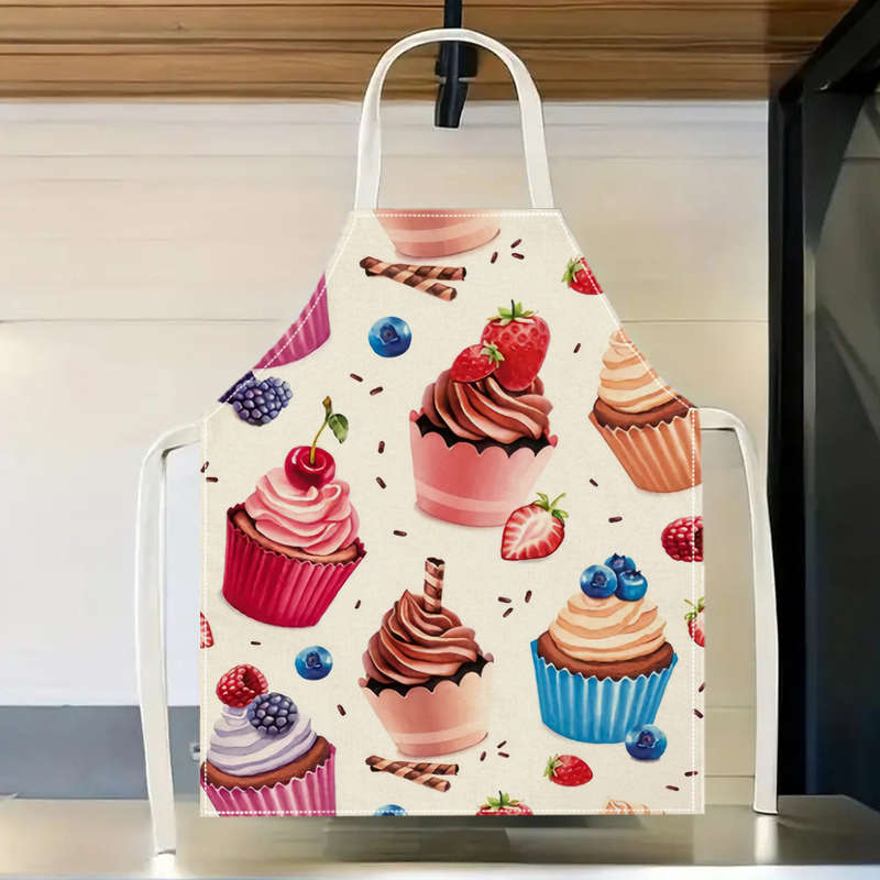1pc Linen Apron with Cupcake Berry Print Easy-Clean Kitchen Cooking Baking Apron for Home