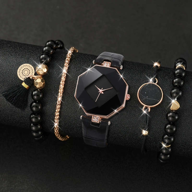 5pcs set Women's Fashion Rhombus Dial Quartz Watch Bracelet Set Does Not Include Watch Box