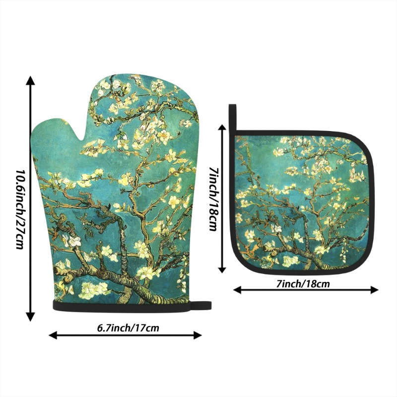 2pcs Heat-Resistant Oven Mitts with Apricot Tree Branch Design 26.92x17.02 cm Polyester Kitch