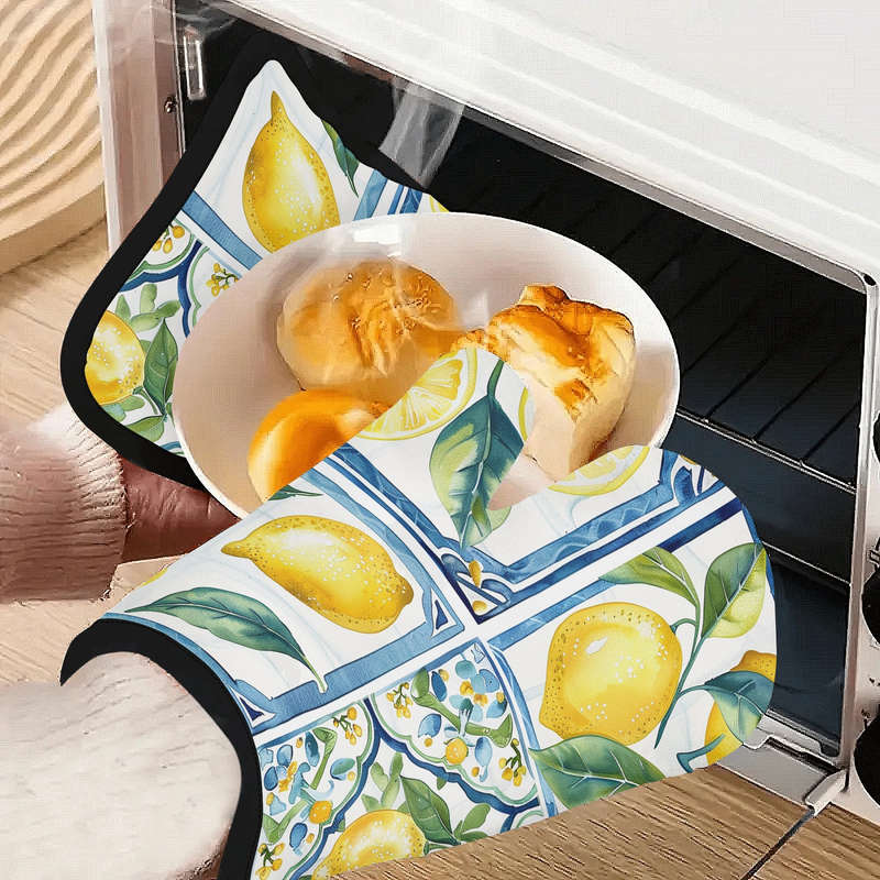 2pcs Lemon Fresco Oven Mitts Pot Holders Thickened Silicone Heat Resistant Cooking Gloves w