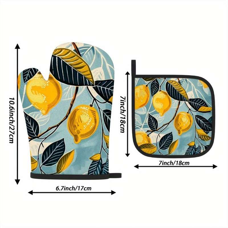 2pcs Lemon Leaf Pattern Oven Mitts Heat Resistant Non-Slip Kitchen Gloves for Baking Grilli