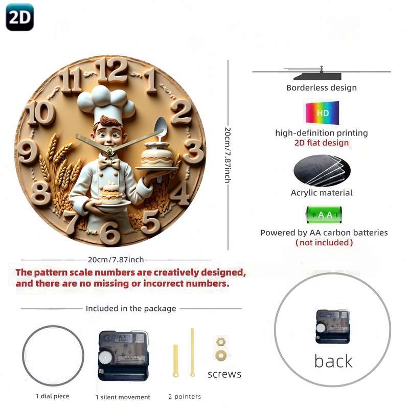 1pc 19.99 cm Silent Chef Wall Clock Decorative Acrylic Round Clock with Chef Illustration Perfec