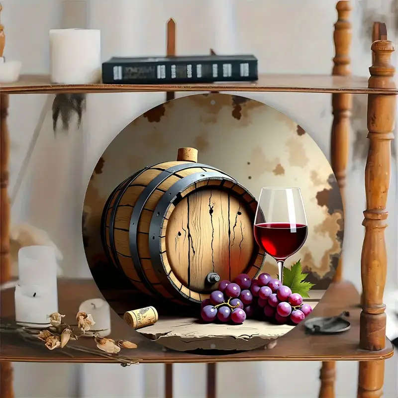 1pc 8-Inch Round Aluminum Sign Rustic Red Wine Wooden Barrel Design with Grapes Ideal for Holiday De