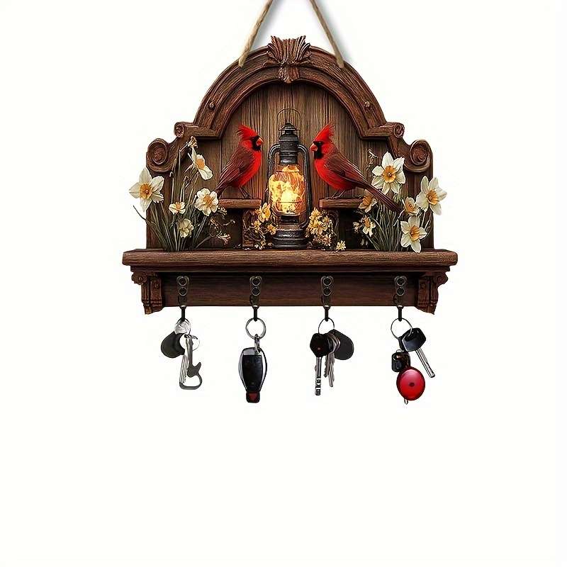 A Piece Featuring a Cardinal a Simple Colorful Wooden And Home Key Hook with Four Metal Hooks (30.0