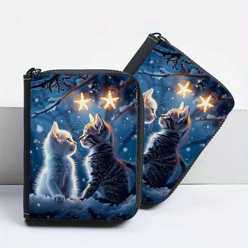 1pc Couple'S Cat Print PU Wallet Fashionable Printed Coin Purse with 9+2 Accordion Card Slots