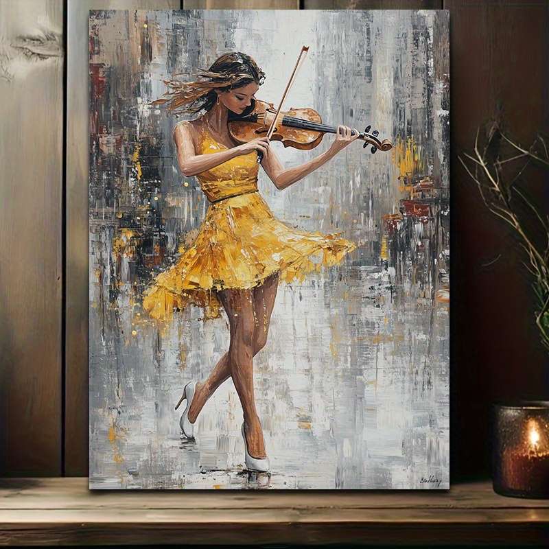 1pc  Dynamic Violin Playing Lady Canvas Art Energetic Performance in Yellow Dress a Beaut